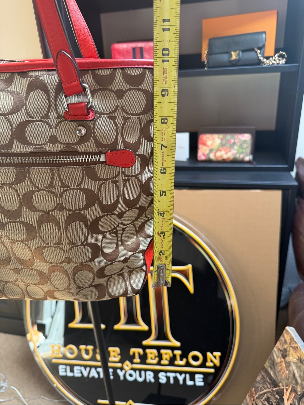 COACH Signature Jacquard Tote Bag Red Leather Trim - Picture 9 of 12